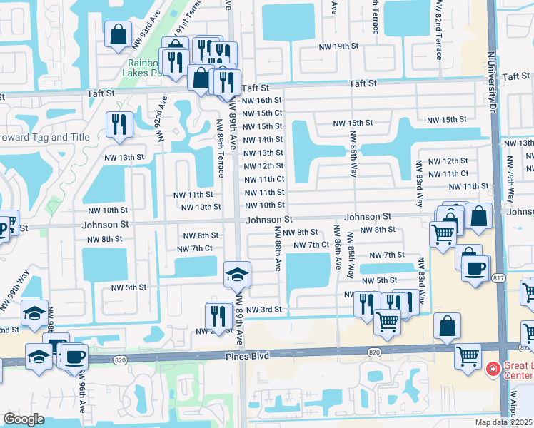 map of restaurants, bars, coffee shops, grocery stores, and more near 8791 Johnson Street in Pembroke Pines