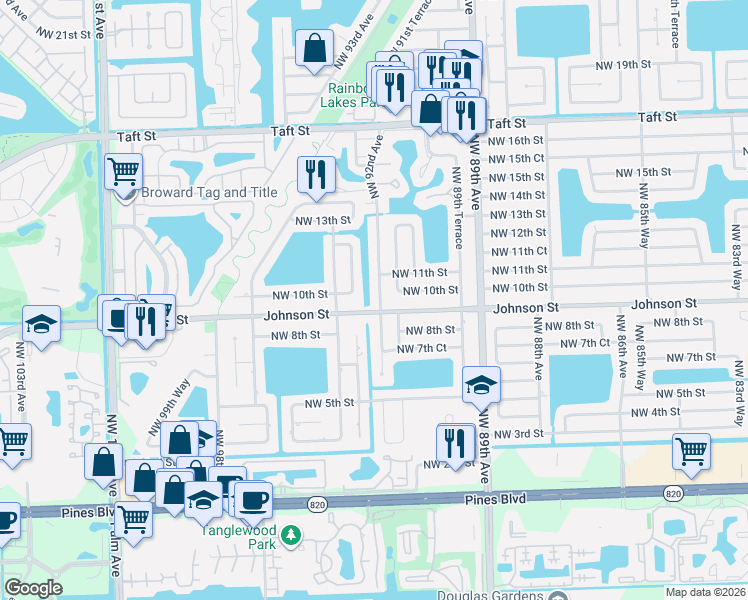 map of restaurants, bars, coffee shops, grocery stores, and more near 9121 Johnson Street in Pembroke Pines