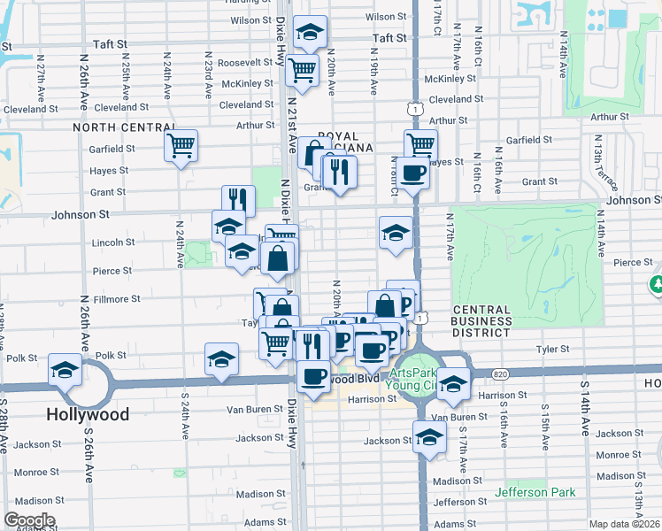 map of restaurants, bars, coffee shops, grocery stores, and more near 2028 Pierce Street in Hollywood