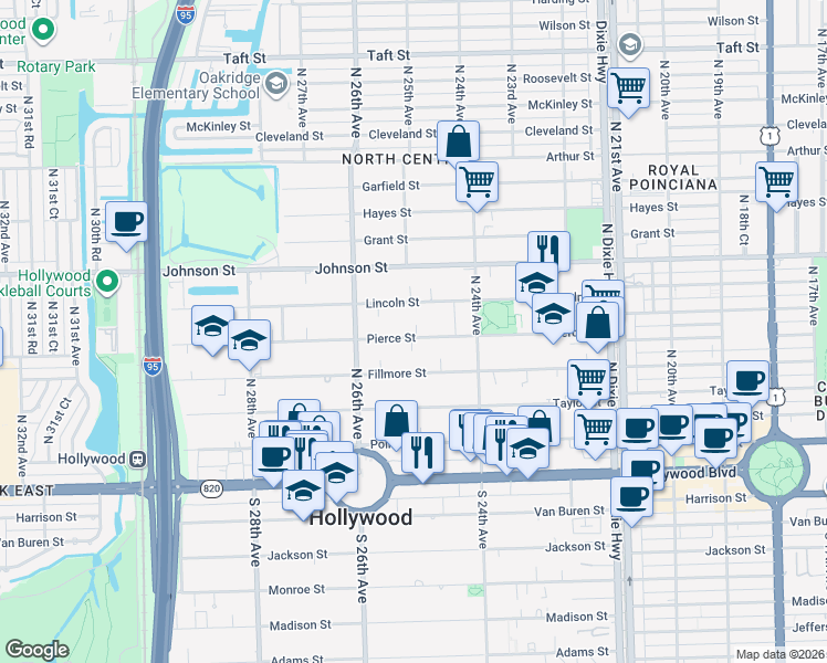 map of restaurants, bars, coffee shops, grocery stores, and more near 2459 Pierce Street in Hollywood