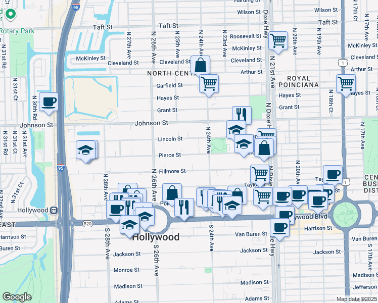 map of restaurants, bars, coffee shops, grocery stores, and more near 2459 Pierce Street in Hollywood