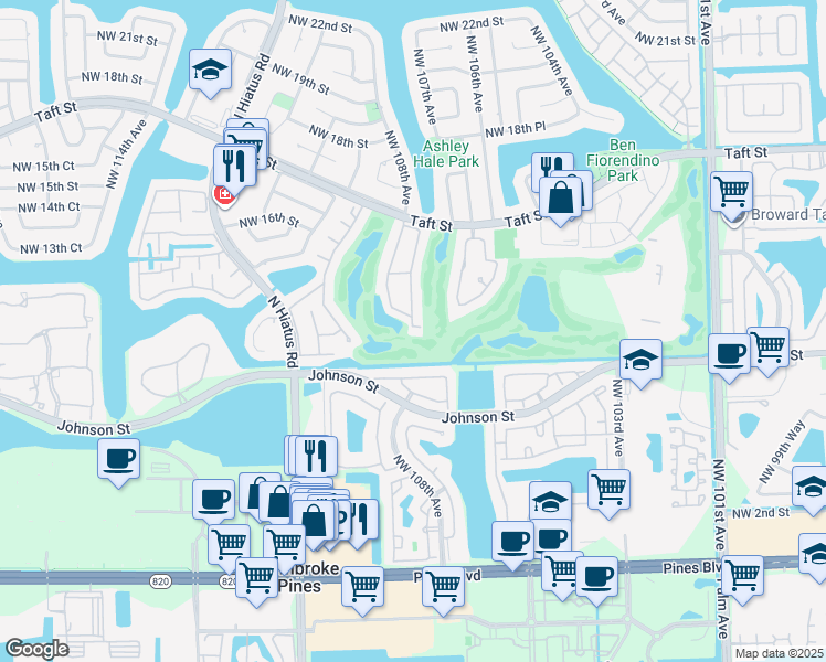 map of restaurants, bars, coffee shops, grocery stores, and more near 10750 South Golfview Drive in Pembroke Pines