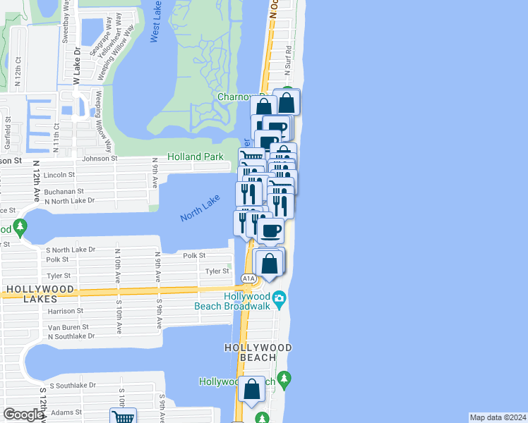 map of restaurants, bars, coffee shops, grocery stores, and more near 330 Fillmore Street in Hollywood