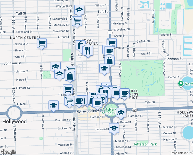 map of restaurants, bars, coffee shops, grocery stores, and more near 522 North 19th Avenue in Hollywood