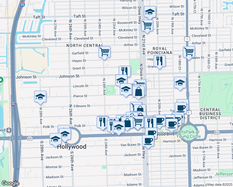 map of restaurants, bars, coffee shops, grocery stores, and more near 2236 Pierce Street in Hollywood