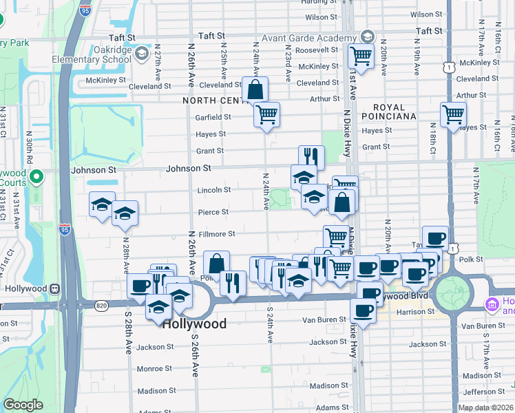 map of restaurants, bars, coffee shops, grocery stores, and more near 2422 Pierce Street in Hollywood