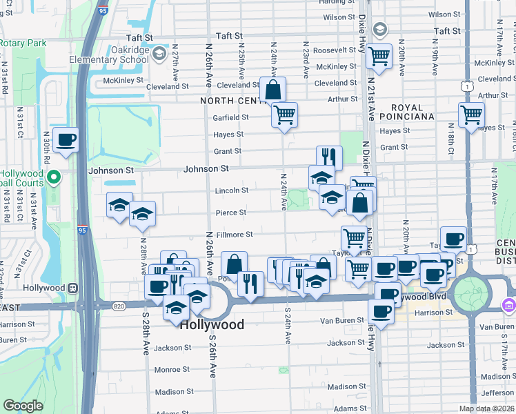 map of restaurants, bars, coffee shops, grocery stores, and more near 2459 Pierce Street in Hollywood