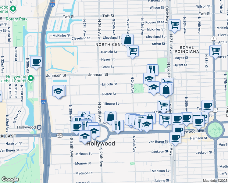 map of restaurants, bars, coffee shops, grocery stores, and more near 2459 Pierce Street in Hollywood
