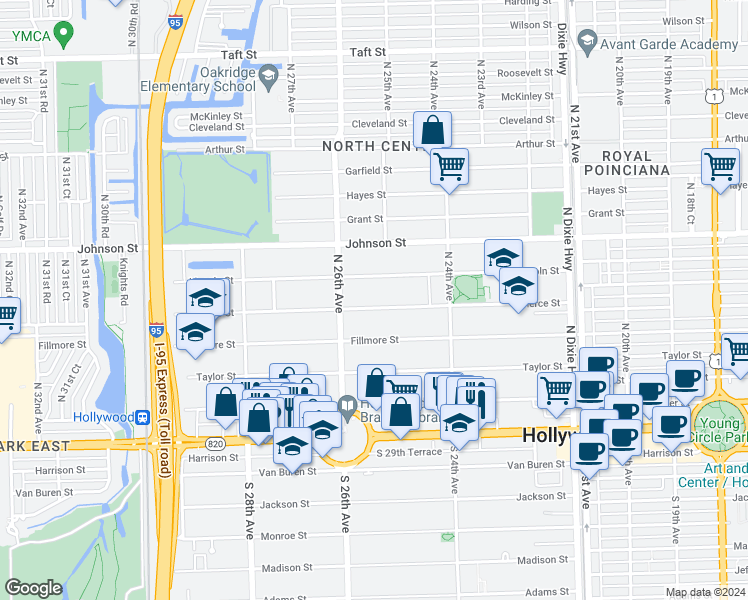 map of restaurants, bars, coffee shops, grocery stores, and more near 2531 Pierce Street in Hollywood