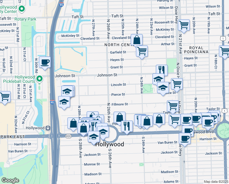 map of restaurants, bars, coffee shops, grocery stores, and more near 2531 Pierce Street in Hollywood