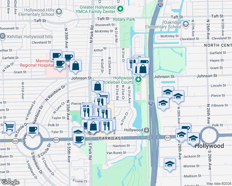 map of restaurants, bars, coffee shops, grocery stores, and more near 612 North 31st Road in Hollywood