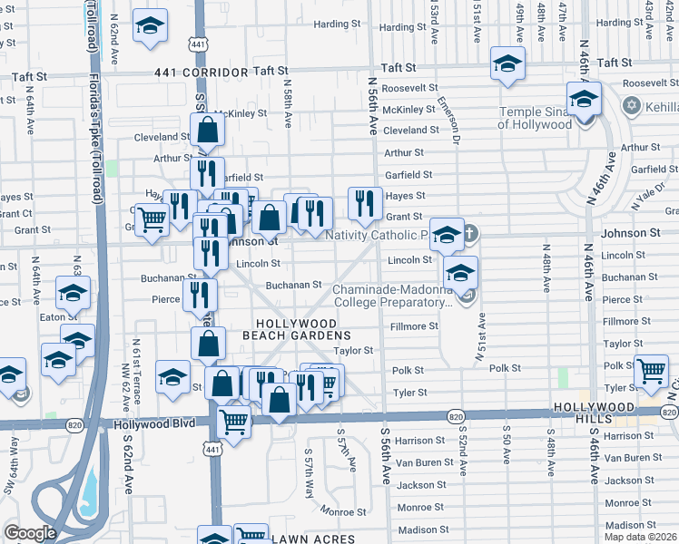 map of restaurants, bars, coffee shops, grocery stores, and more near 5711 Buchanan Street in Hollywood
