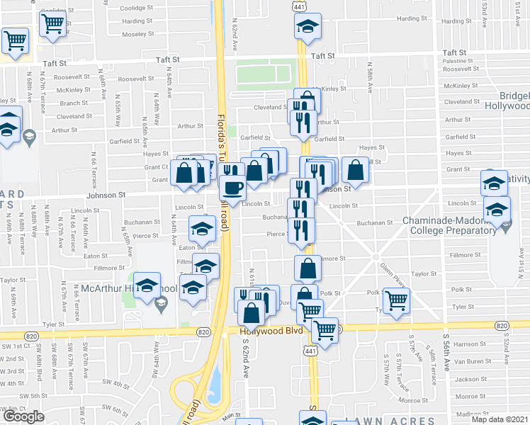 map of restaurants, bars, coffee shops, grocery stores, and more near 6128 Buchanan Street in Hollywood