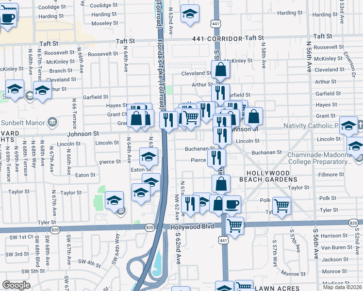 map of restaurants, bars, coffee shops, grocery stores, and more near 6128 Buchanan Street in Hollywood
