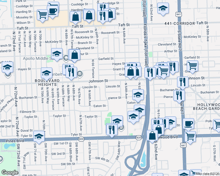 map of restaurants, bars, coffee shops, grocery stores, and more near 6481 Buchanan Street in Hollywood