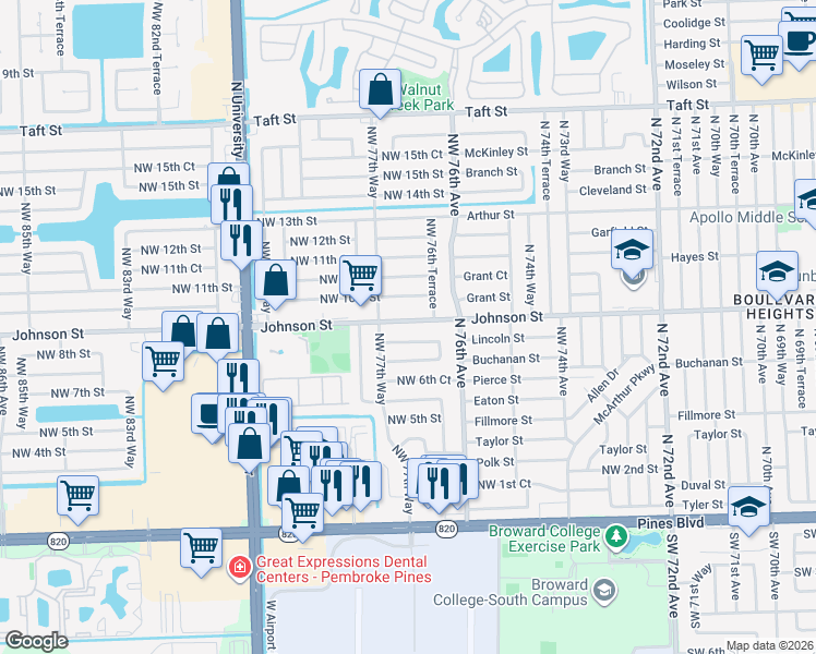 map of restaurants, bars, coffee shops, grocery stores, and more near 7741 Northwest 8th Street in Pembroke Pines