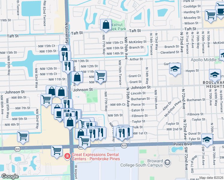 map of restaurants, bars, coffee shops, grocery stores, and more near 7741 Northwest 8th Street in Pembroke Pines
