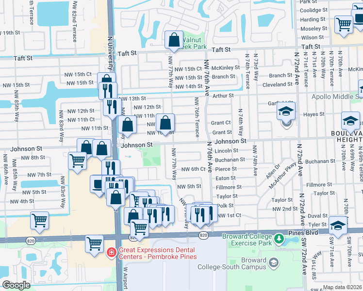 map of restaurants, bars, coffee shops, grocery stores, and more near 7741 Northwest 8th Street in Pembroke Pines