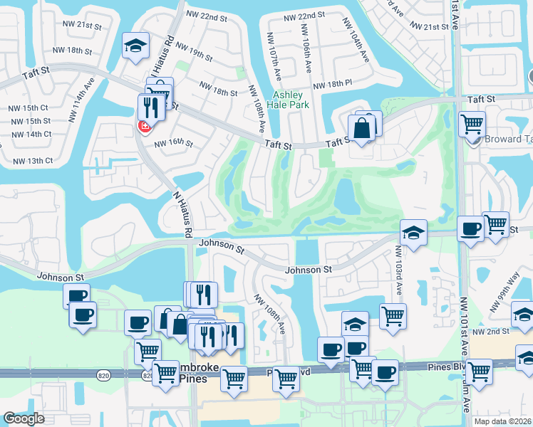 map of restaurants, bars, coffee shops, grocery stores, and more near 10750 South Golfview Drive in Pembroke Pines