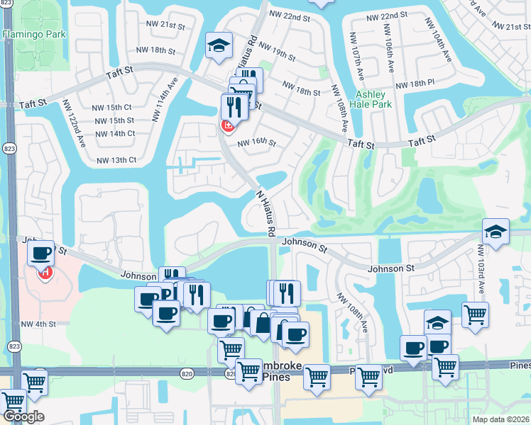 map of restaurants, bars, coffee shops, grocery stores, and more near 1062 North Hiatus Road in Pembroke Pines