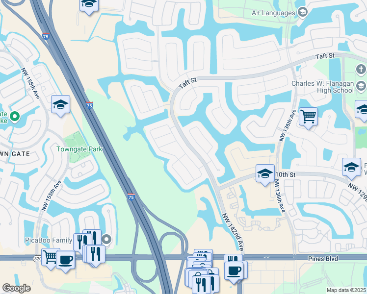 map of restaurants, bars, coffee shops, grocery stores, and more near 1320 Northwest 143rd Avenue in Pembroke Pines
