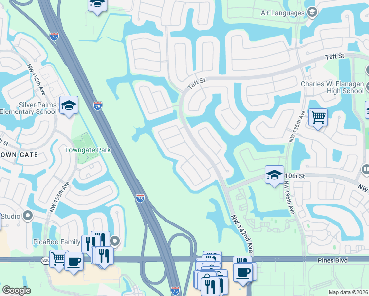 map of restaurants, bars, coffee shops, grocery stores, and more near 1320 Northwest 143rd Avenue in Pembroke Pines