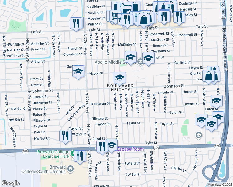 map of restaurants, bars, coffee shops, grocery stores, and more near 811 North 70th Avenue in Hollywood