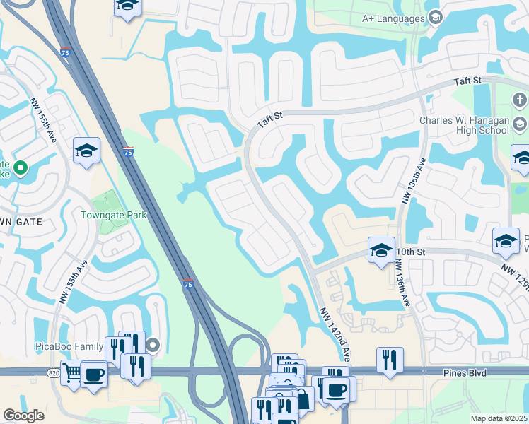 map of restaurants, bars, coffee shops, grocery stores, and more near 1320 Northwest 143rd Avenue in Pembroke Pines