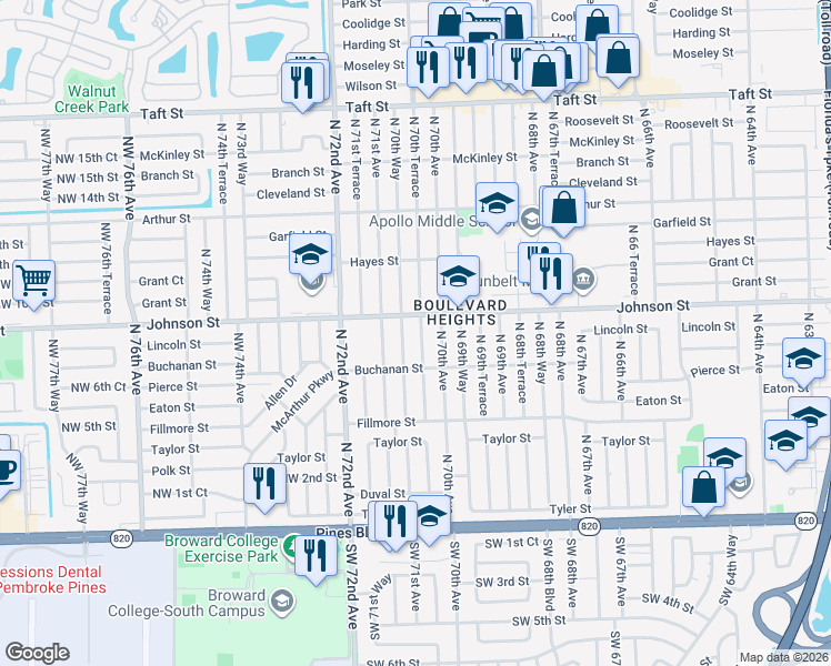 map of restaurants, bars, coffee shops, grocery stores, and more near 800 North 70th Terrace in Hollywood