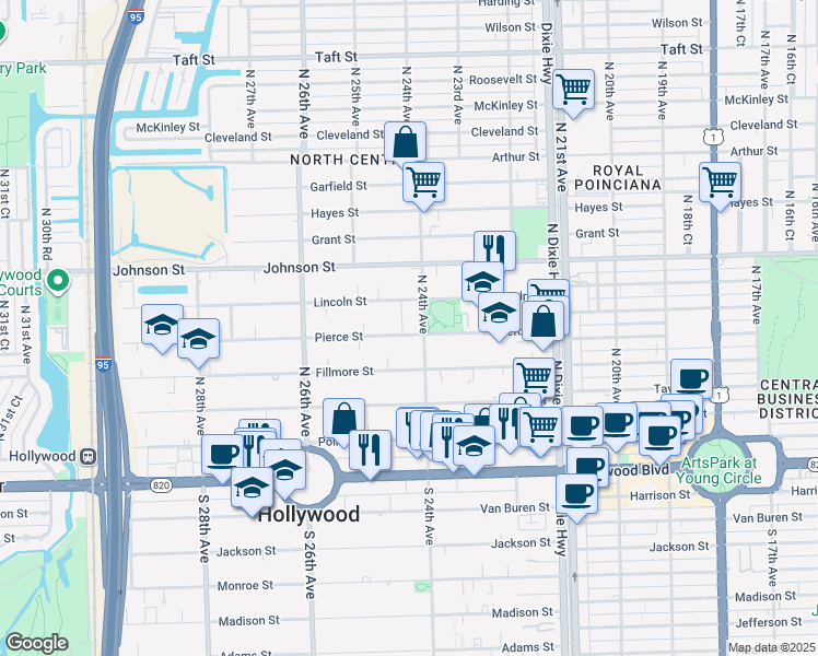 map of restaurants, bars, coffee shops, grocery stores, and more near 2422 Pierce Street in Hollywood