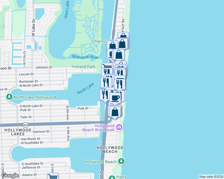 map of restaurants, bars, coffee shops, grocery stores, and more near 330 Fillmore Street in Hollywood