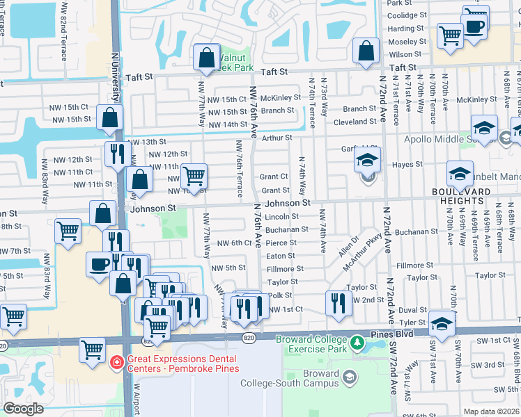 map of restaurants, bars, coffee shops, grocery stores, and more near 7571 Lincoln Street in Hollywood