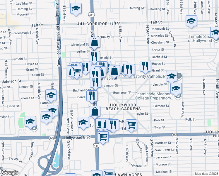 map of restaurants, bars, coffee shops, grocery stores, and more near 715 North 59th Avenue in Hollywood