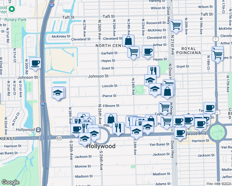 map of restaurants, bars, coffee shops, grocery stores, and more near 2459 Pierce Street in Hollywood