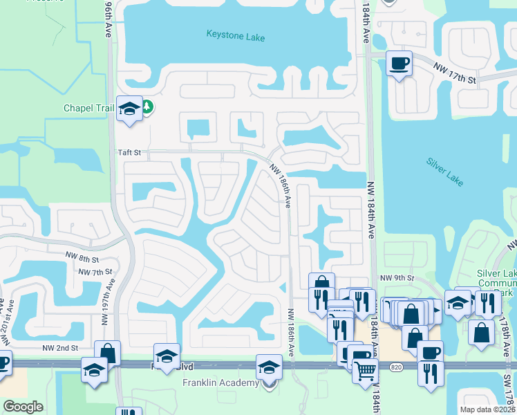 map of restaurants, bars, coffee shops, grocery stores, and more near 19103 Northwest 12th Court in Pembroke Pines