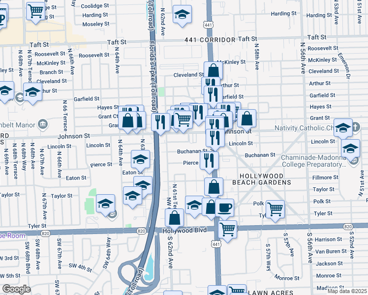 map of restaurants, bars, coffee shops, grocery stores, and more near 6111 Buchanan Street in Hollywood