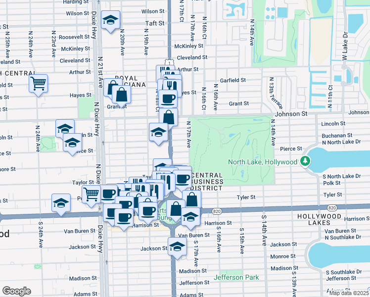 map of restaurants, bars, coffee shops, grocery stores, and more near 1712 Pierce Street in Hollywood
