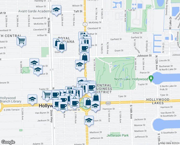 map of restaurants, bars, coffee shops, grocery stores, and more near 1712 Pierce Street in Hollywood