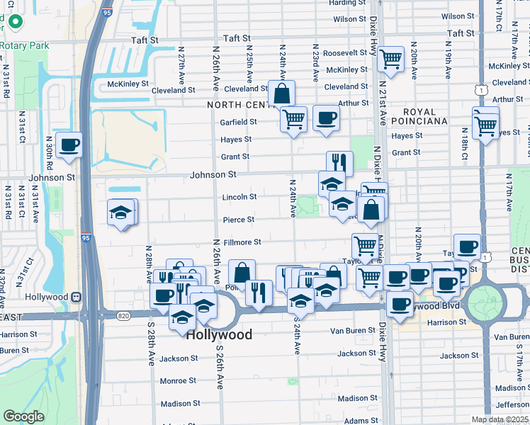 map of restaurants, bars, coffee shops, grocery stores, and more near 2459 Pierce Street in Hollywood