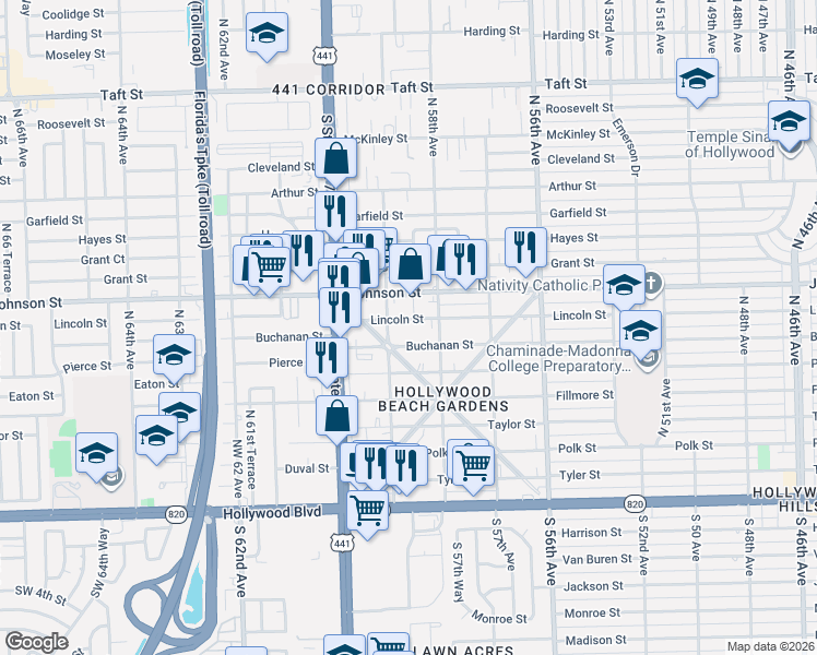 map of restaurants, bars, coffee shops, grocery stores, and more near 5827 Buchanan Street in Hollywood