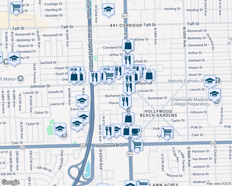 map of restaurants, bars, coffee shops, grocery stores, and more near 6038 Buchanan Street in Hollywood