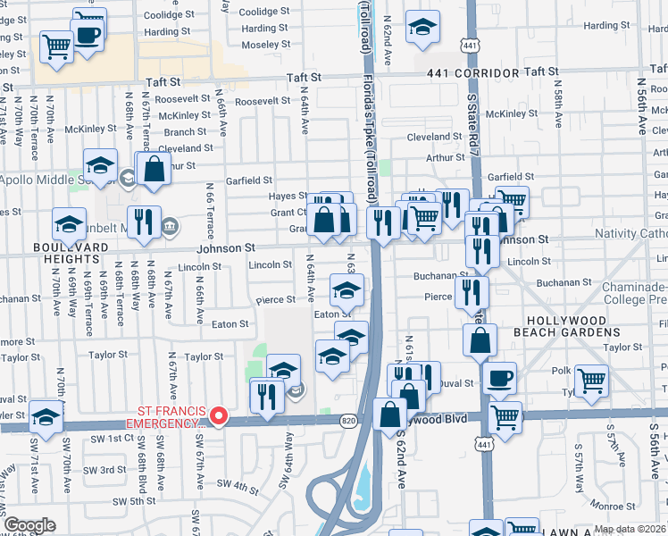 map of restaurants, bars, coffee shops, grocery stores, and more near 6335 Buchanan Street in Hollywood