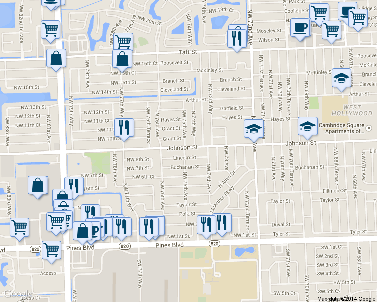map of restaurants, bars, coffee shops, grocery stores, and more near 7490 Lincoln Street in Hollywood