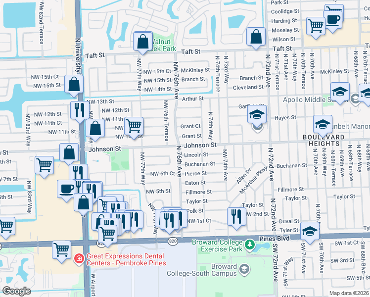 map of restaurants, bars, coffee shops, grocery stores, and more near 7571 Lincoln Street in Hollywood