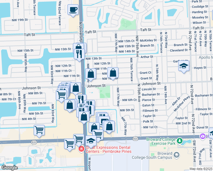 map of restaurants, bars, coffee shops, grocery stores, and more near 7900 Johnson Street in Pembroke Pines