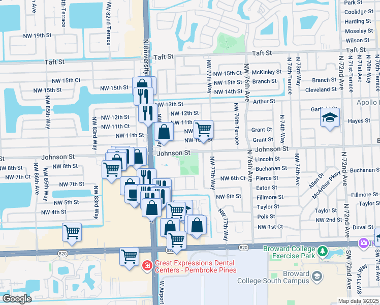 map of restaurants, bars, coffee shops, grocery stores, and more near 7900 Johnson Street in Pembroke Pines