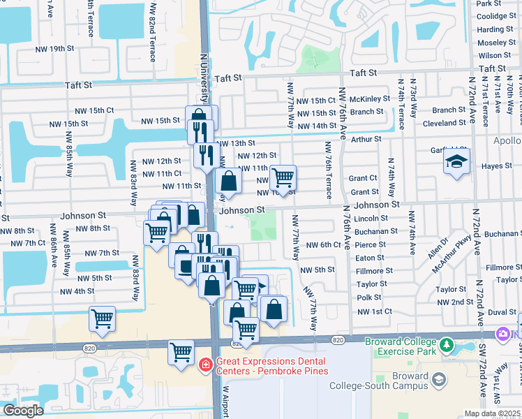 map of restaurants, bars, coffee shops, grocery stores, and more near 7900 Johnson Street in Pembroke Pines