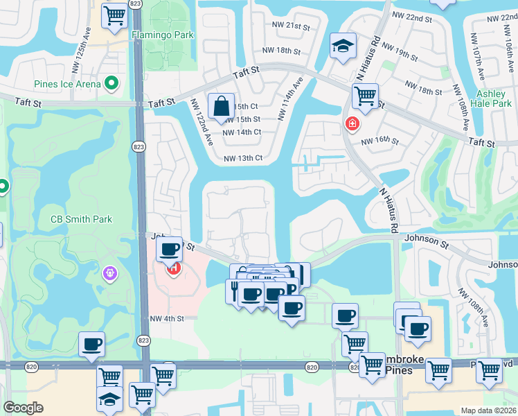 map of restaurants, bars, coffee shops, grocery stores, and more near 11738 Northwest 12th Street in Pembroke Pines