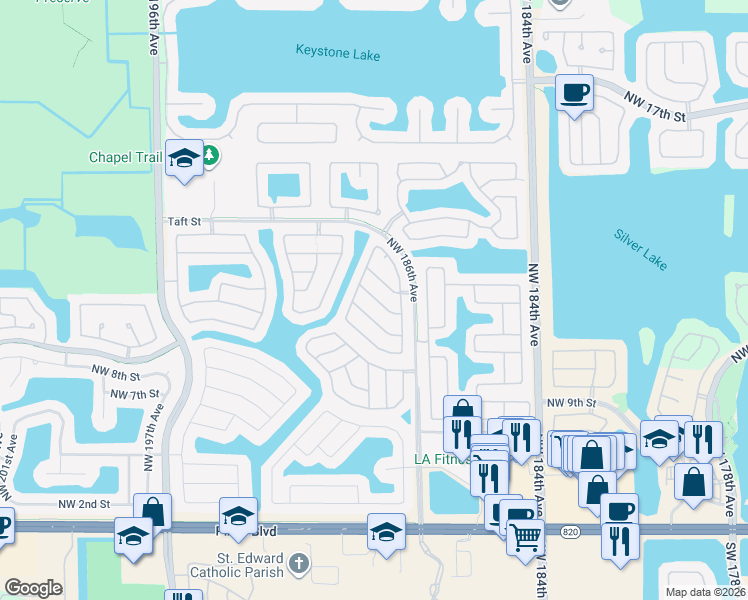 map of restaurants, bars, coffee shops, grocery stores, and more near 19103 Northwest 12th Court in Pembroke Pines