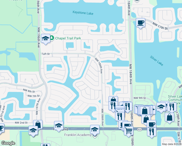 map of restaurants, bars, coffee shops, grocery stores, and more near 19103 Northwest 12th Court in Pembroke Pines